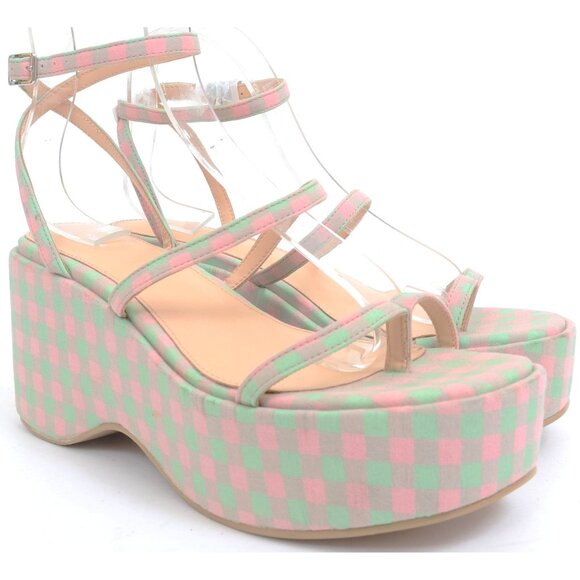 Urban Outfitters UO Nora Size 9 Pink Green Gingham Plaid Chunky Platform Wedge - Picture 1 of 8